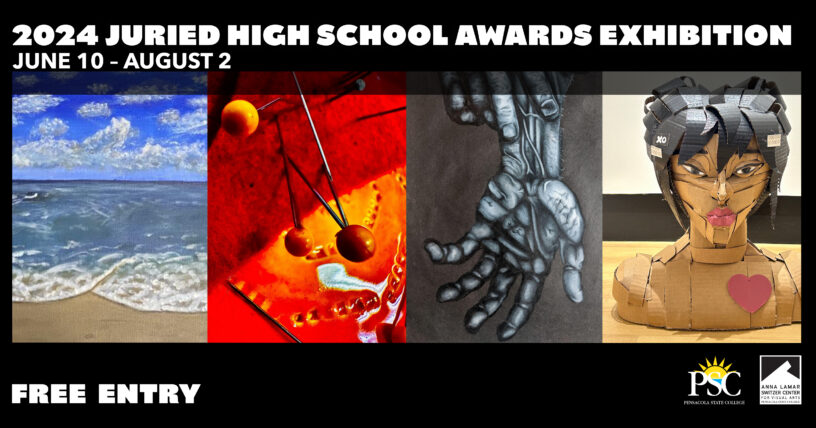 Decorative collage of various student artworks with text: 2024 Juried High School Awards Exhibition June 10 - August 2, Free Entry