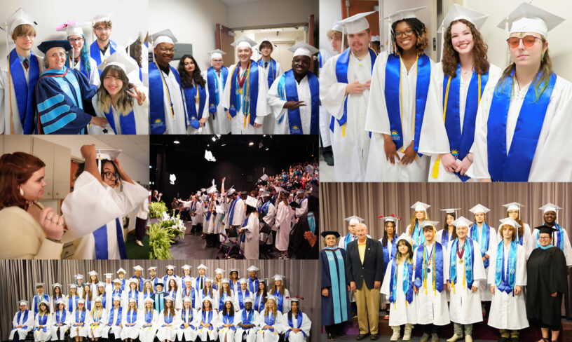 Decorative collage of PSC Charter Academy Class of 2024 graduates during the 2024 Spring Commencement Ceremony