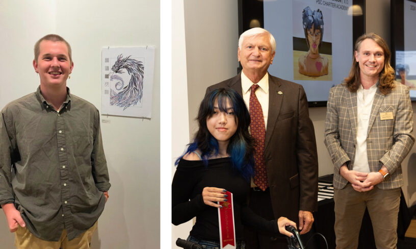 Lucas Waters and Oceana Emerson with Dr. Ed Meadows pictured together in the Juried High School Awards Exhibition