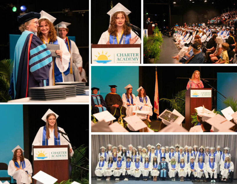 Decorative collage of the PSC Charter Academy class of 2025 commencement ceremony in the Jean and Paul Amos Performance Studio