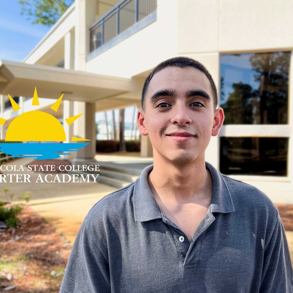 Decorative image of a PSC Charter Academy student in front of Pensacola State College Warrington campus. Pensacola State College Charter Academy logo graphic