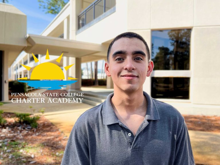 Decorative image of a PSC Charter Academy student in front of Pensacola State College Warrington campus. Pensacola State College Charter Academy logo graphic