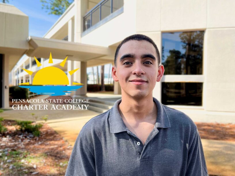 Decorative image of a PSC Charter Academy student in front of Pensacola State College Warrington campus. Pensacola State College Charter Academy logo graphic